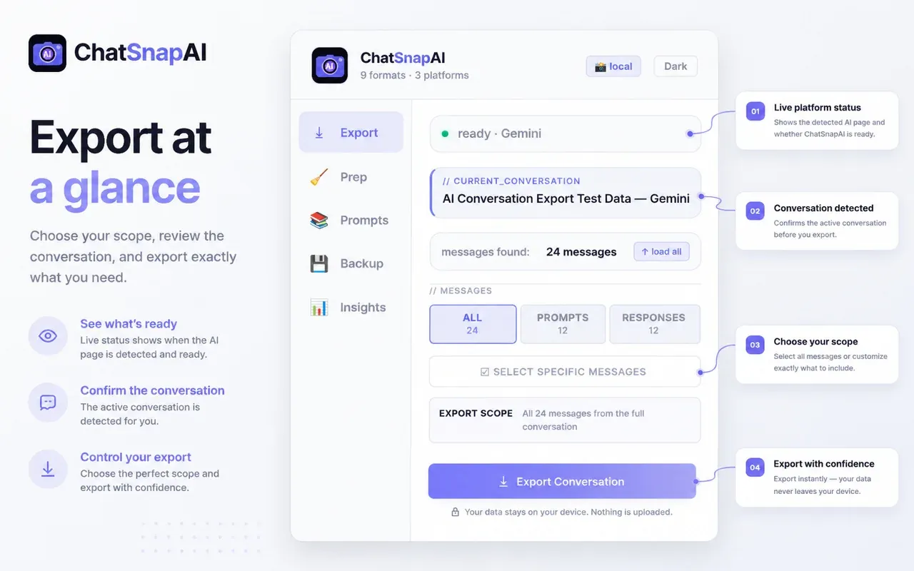 ChatSnapAI public export overview showing conversation detection, message selection, and export controls.