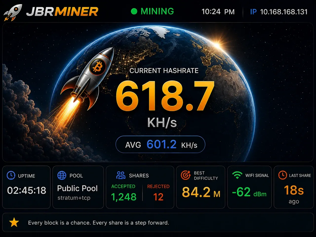 JBR Miner approved color-display reference showing current hashrate, shares, uptime, and pool status.