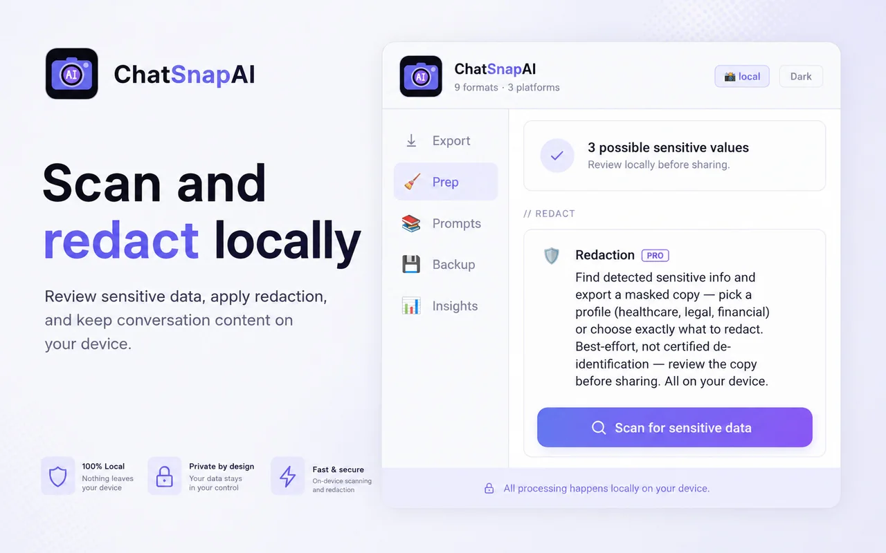 ChatSnapAI public privacy preparation view with local scan and redaction controls.